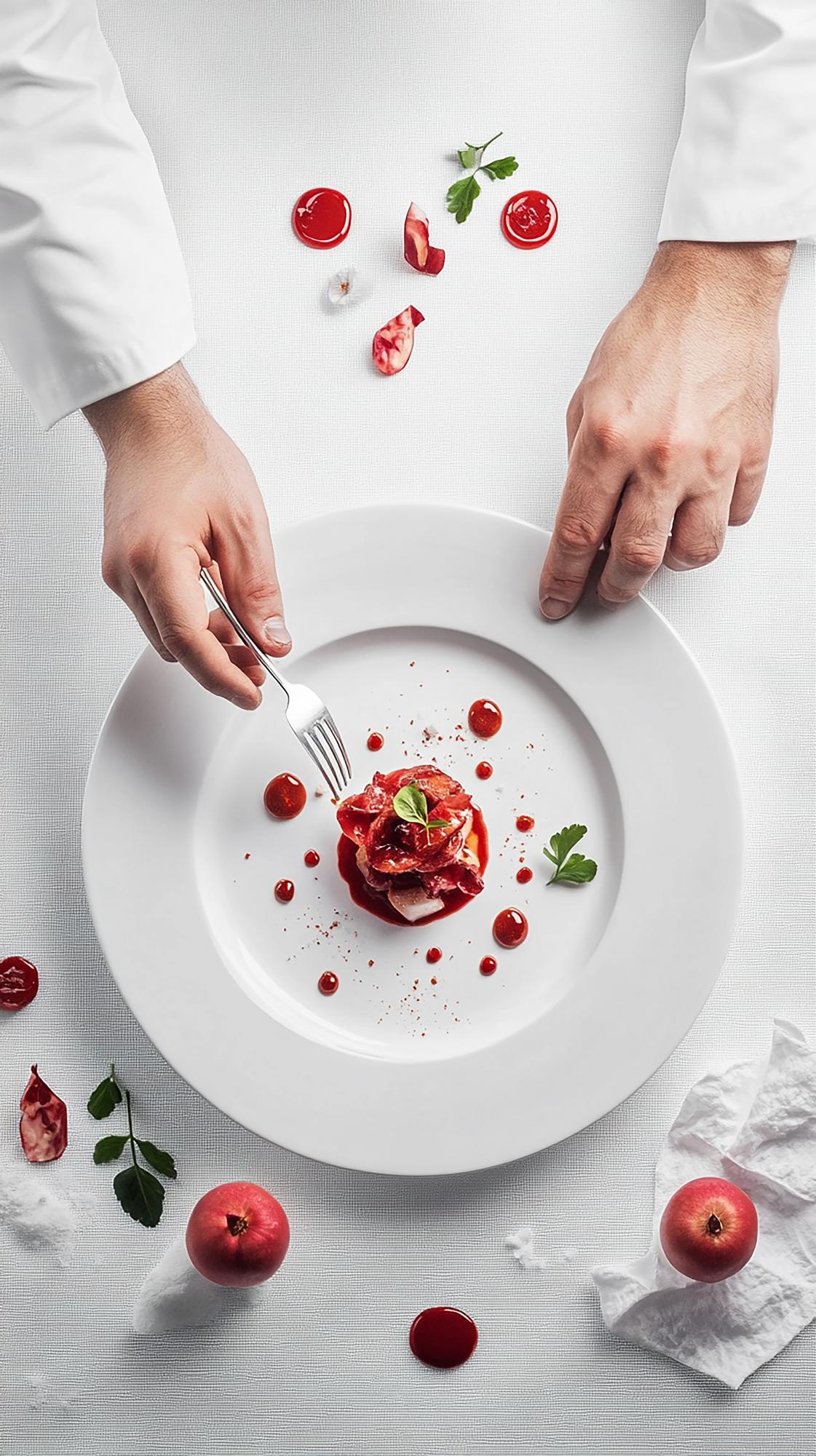 Piatto finito su piatto bianco con decorazioni